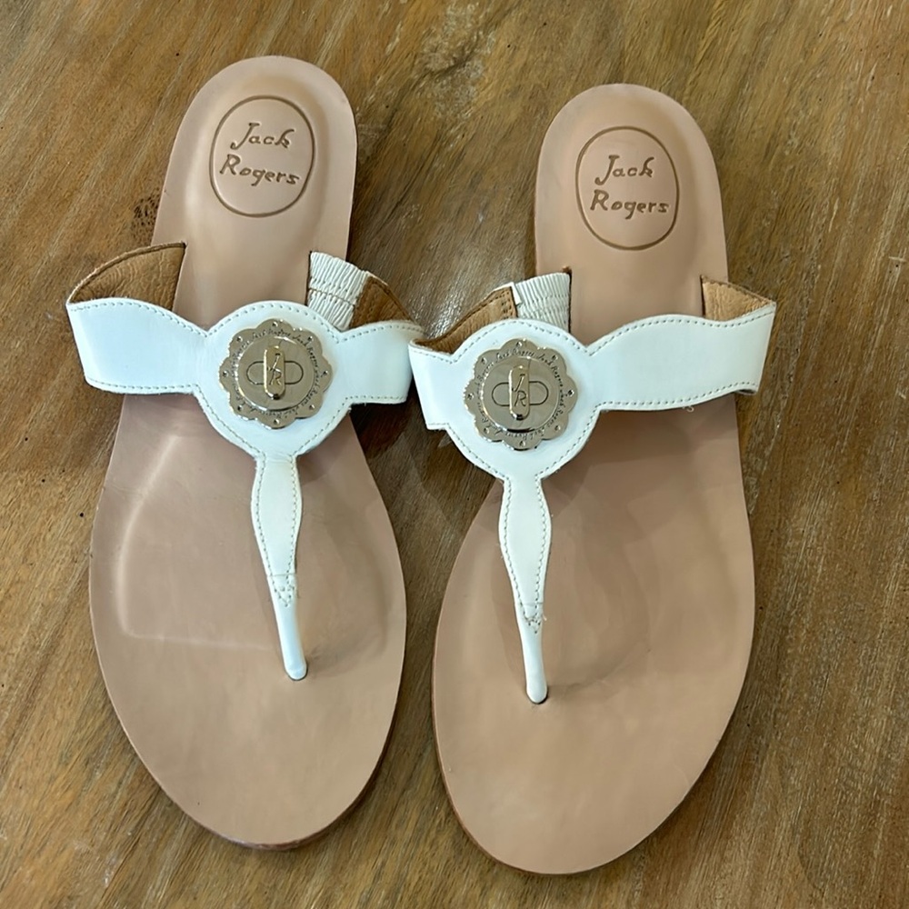 Jack Rogers White Leather Thong Sandals with Gold Medallion